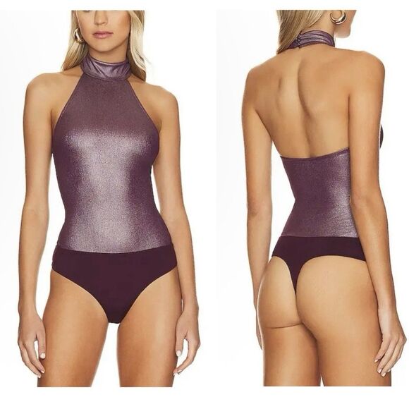 NWT House Of Harlow 1960 X Revolve Shae Bodysuit Shiny Metallic Burgundy XS - Picture 1 of 16